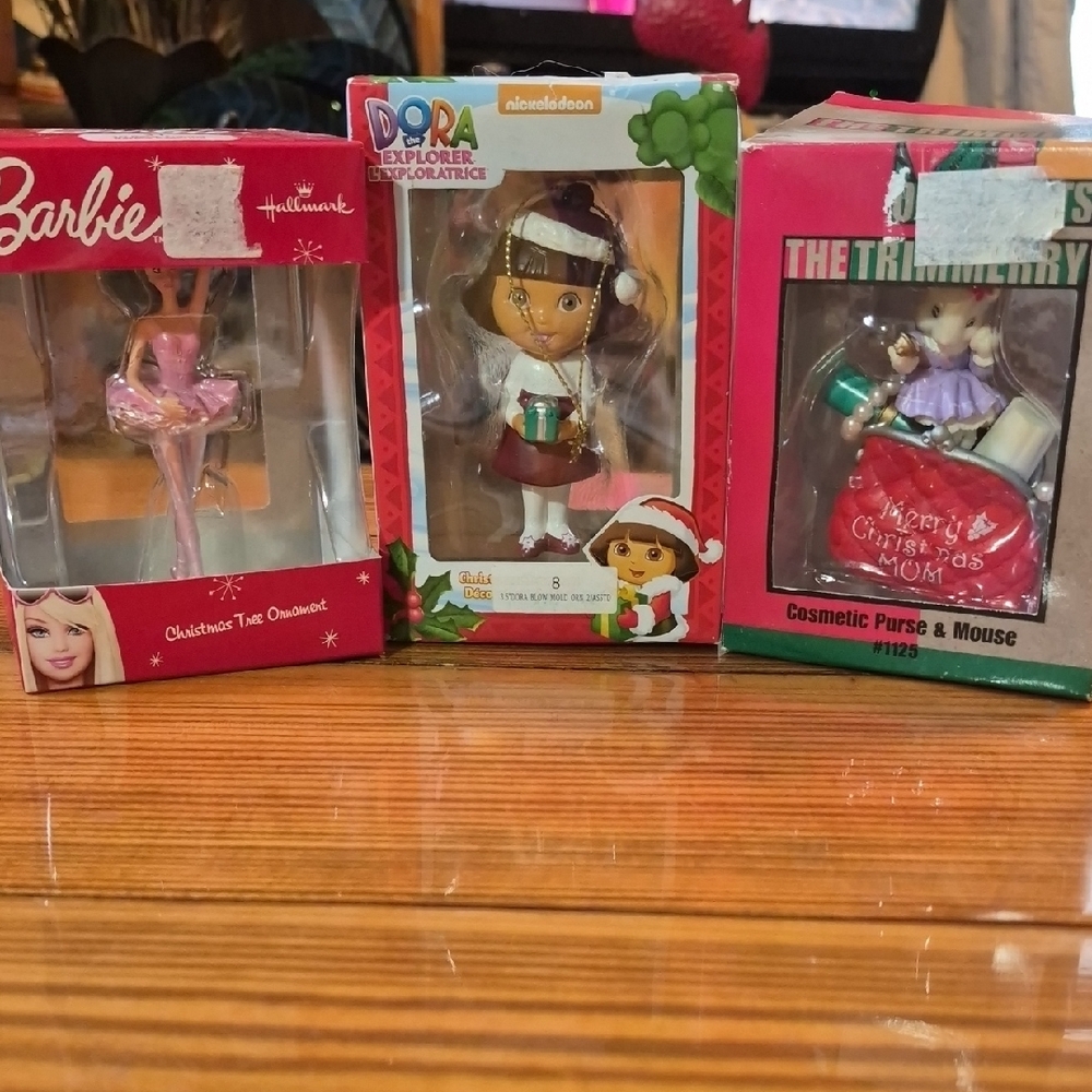 3pc Ornament Set Barbie, Dora, And Purse And Mouse